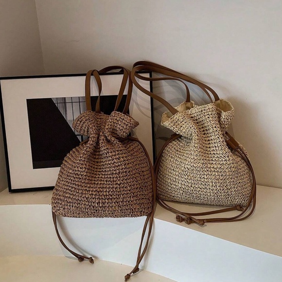 Boho Khaki Vegan Leather Straw Medium Size Tote Bag - Picture 2 of 6